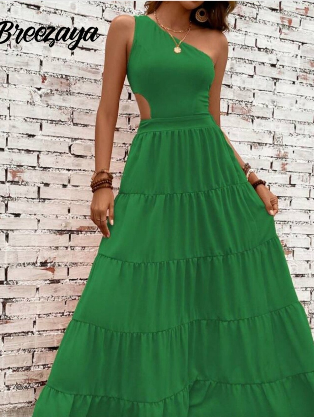 🌿 Breezaya Emerald Green One-Shoulder Maxi Dress | Size Small | NWOT